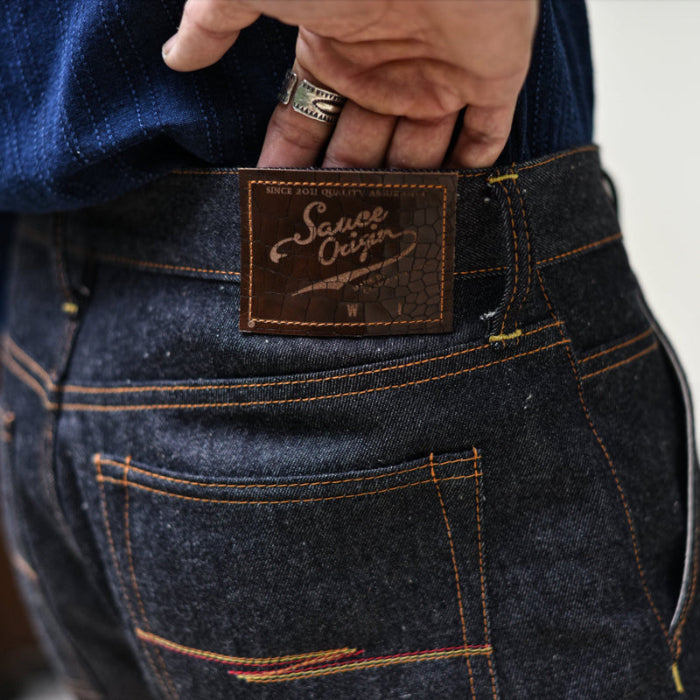 SAUCE ORIGIN Mens Jeans Boxing Selvedge Denim Jeans Color Cotton Jeans for Men Silver Buttons Taper Fit 12.5 Oz