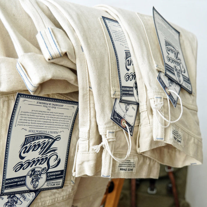 SAUCE ZHAN White Blank Jeans 14.5oz Straight-Leg Selvedge Denim Workwear Pants