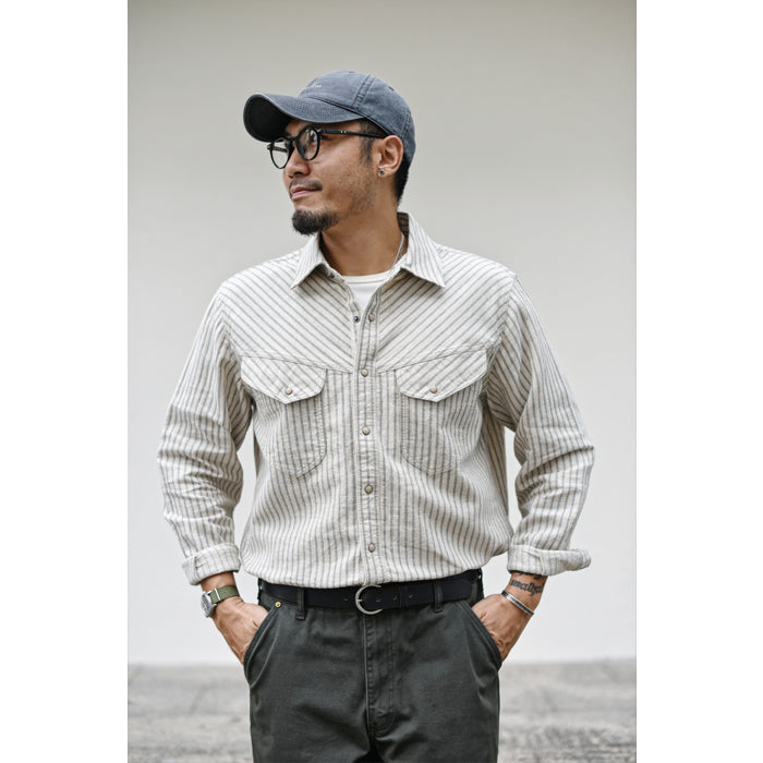 SAUCE ZHAN Linen-Cotton Striped Work Shirt