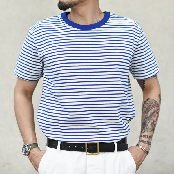 Breton Top Stripe T Shirt for Man Heavy Cotton O-NECK vintage Summer Short Sleeve Breton Shirt 330 G