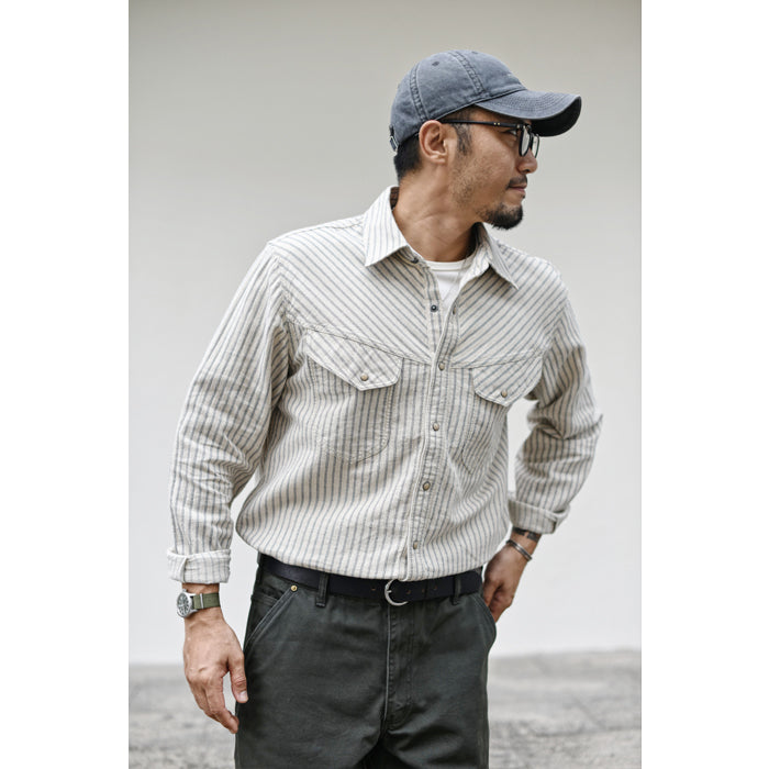 SAUCE ZHAN Linen-Cotton Striped Work Shirt
